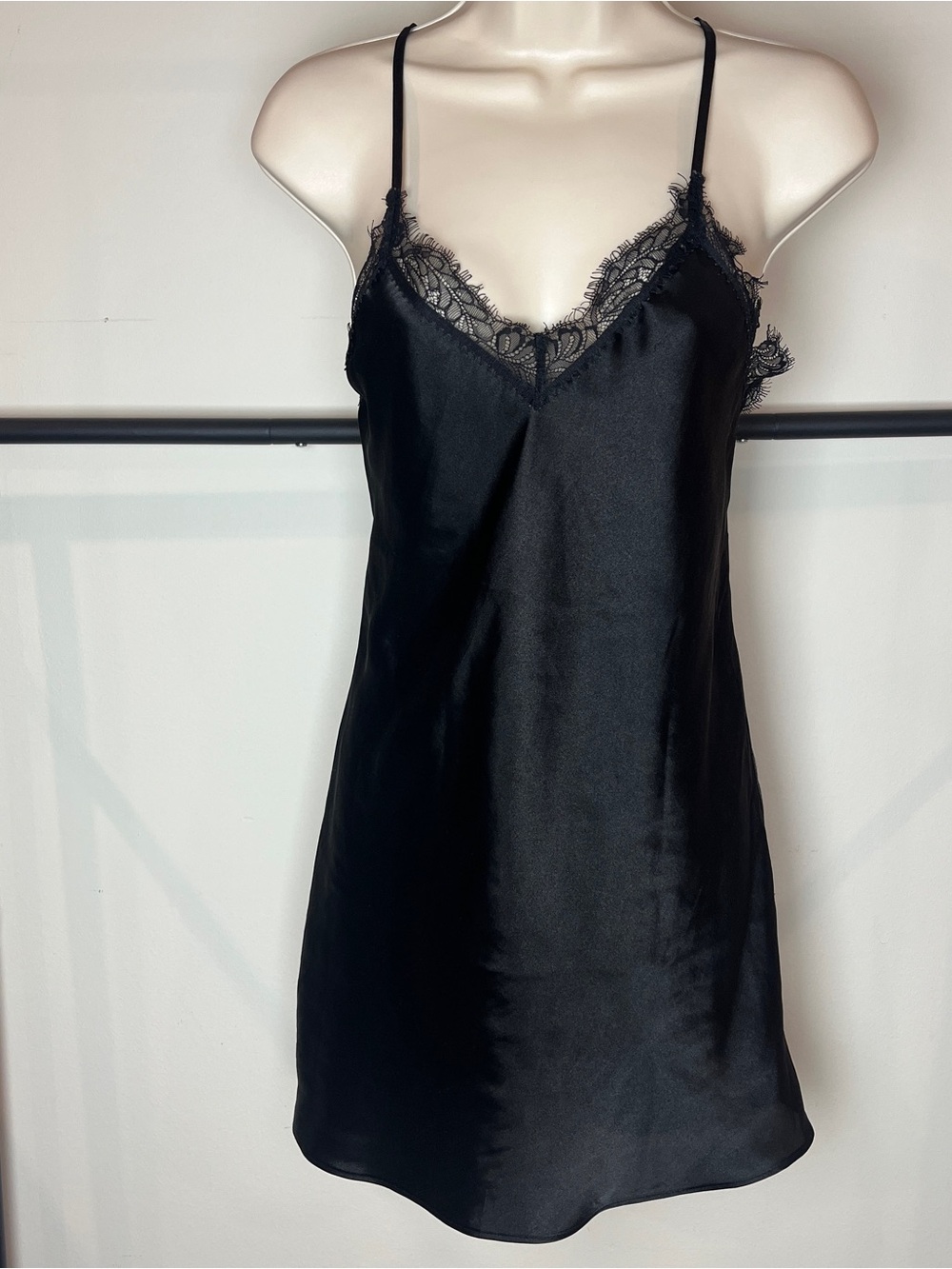 Black Lace-Trim Satin Slip Chemise Small Whimsigoth Loungewear Sexy Pajamas